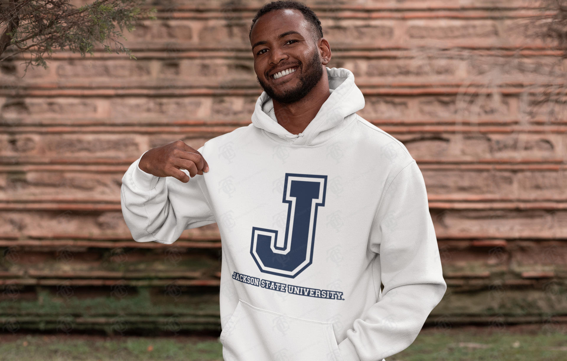 White unisex pullover hoodie with large J logo and Jackson State University text