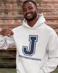 White unisex pullover hoodie with large J logo and Jackson State University text