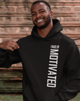 Black pullover hoodie with hood and front 'I WAKE UP MOTIVATED' lettering graphic