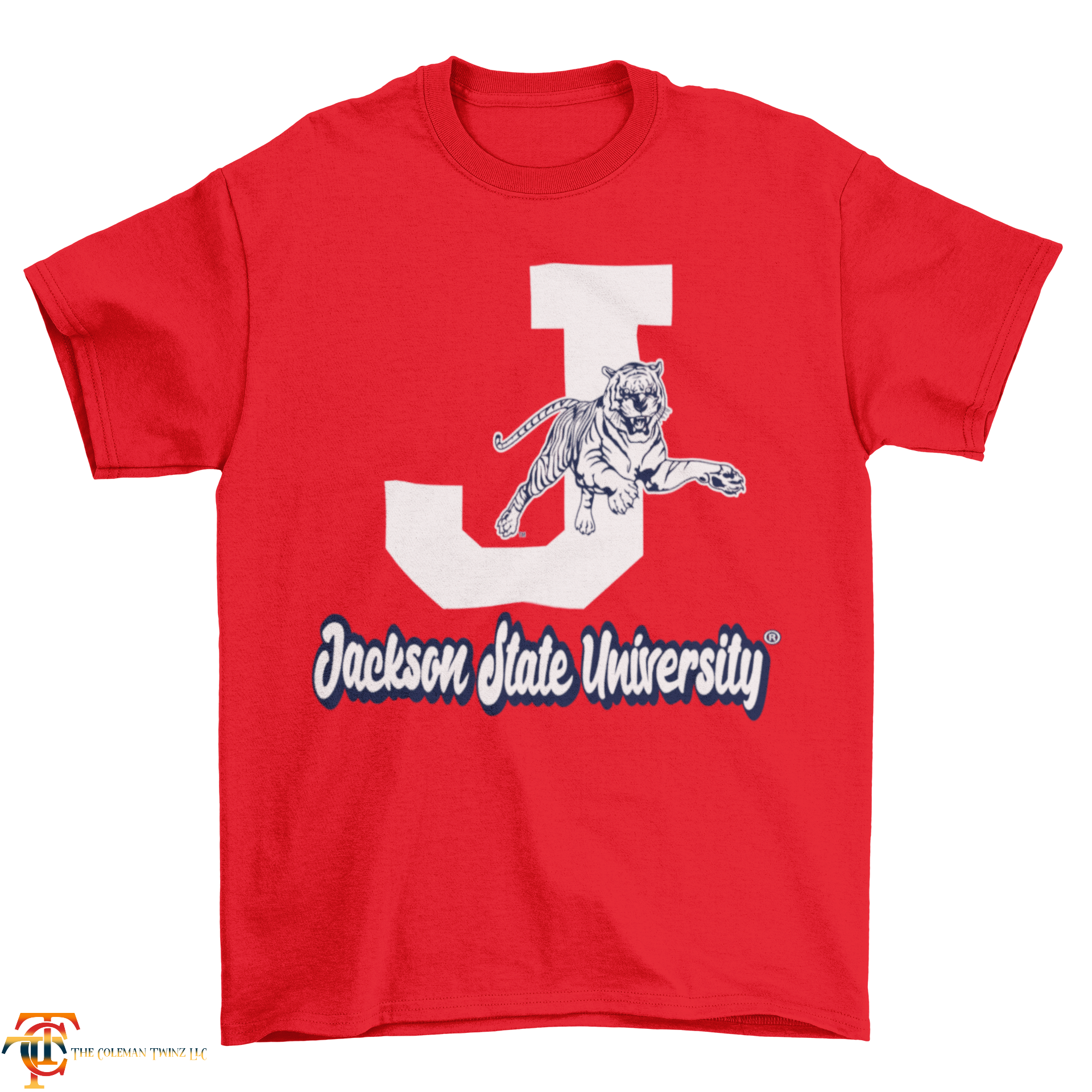 Red unisex crew neck T-shirt with white J, leaping tiger, and Jackson State University text