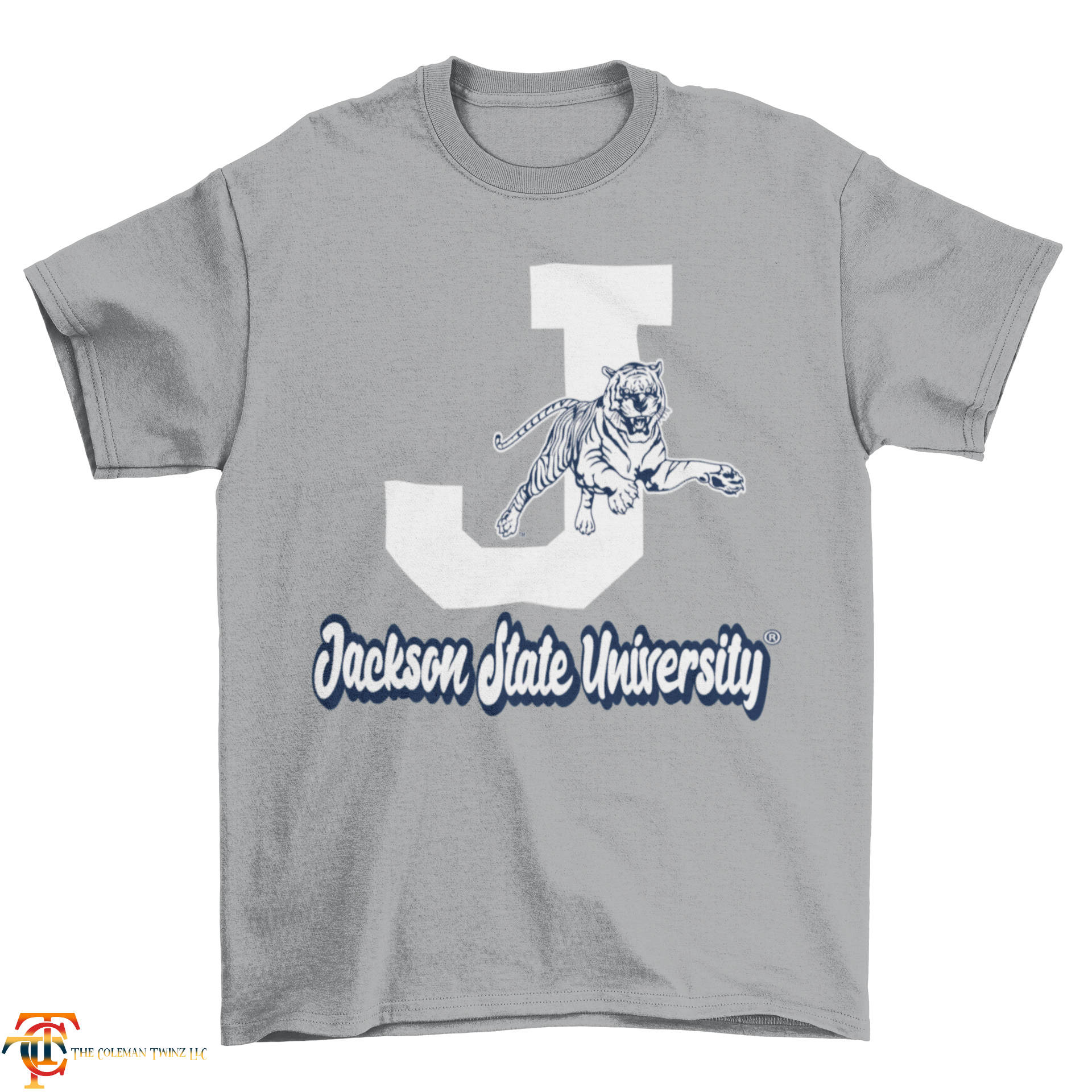 Heather gray unisex crew neck T-shirt with white J, leaping tiger, and Jackson State University text