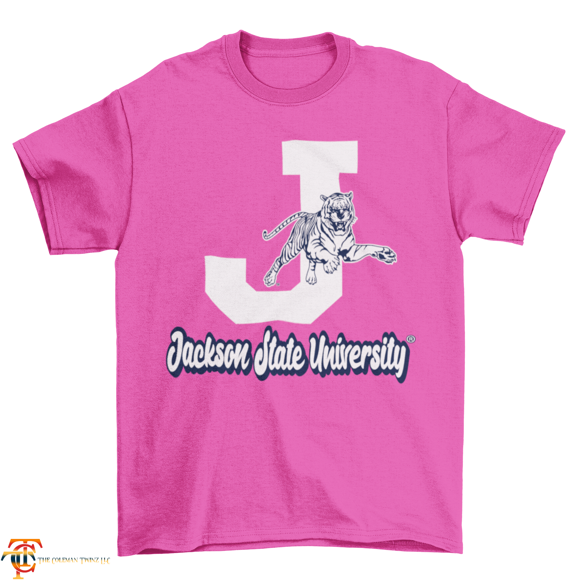 Pink unisex crew neck T-shirt with white J, leaping tiger, and Jackson State University text