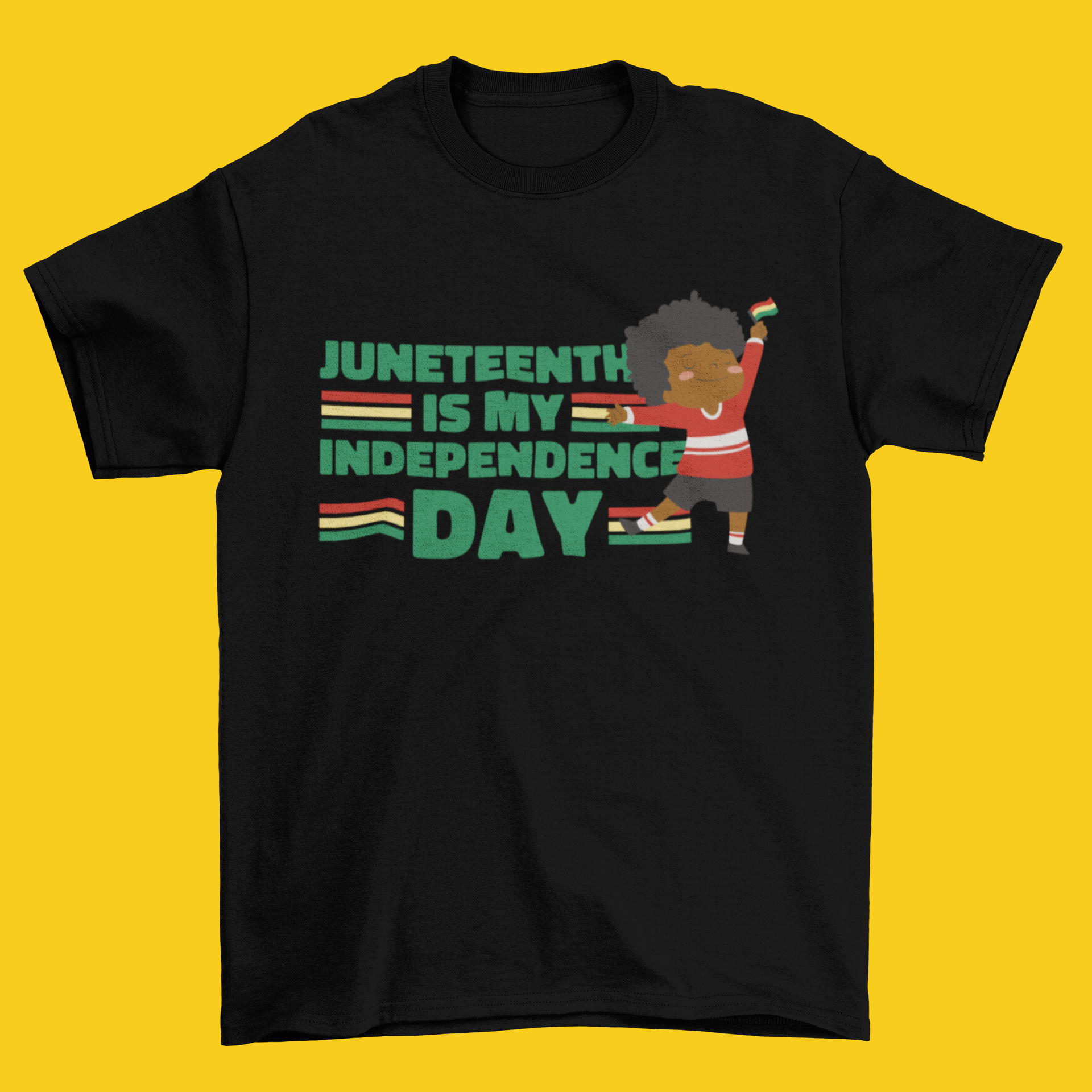 Kids' Juneteenth T-shirt in black with colorful Independence Day graphic