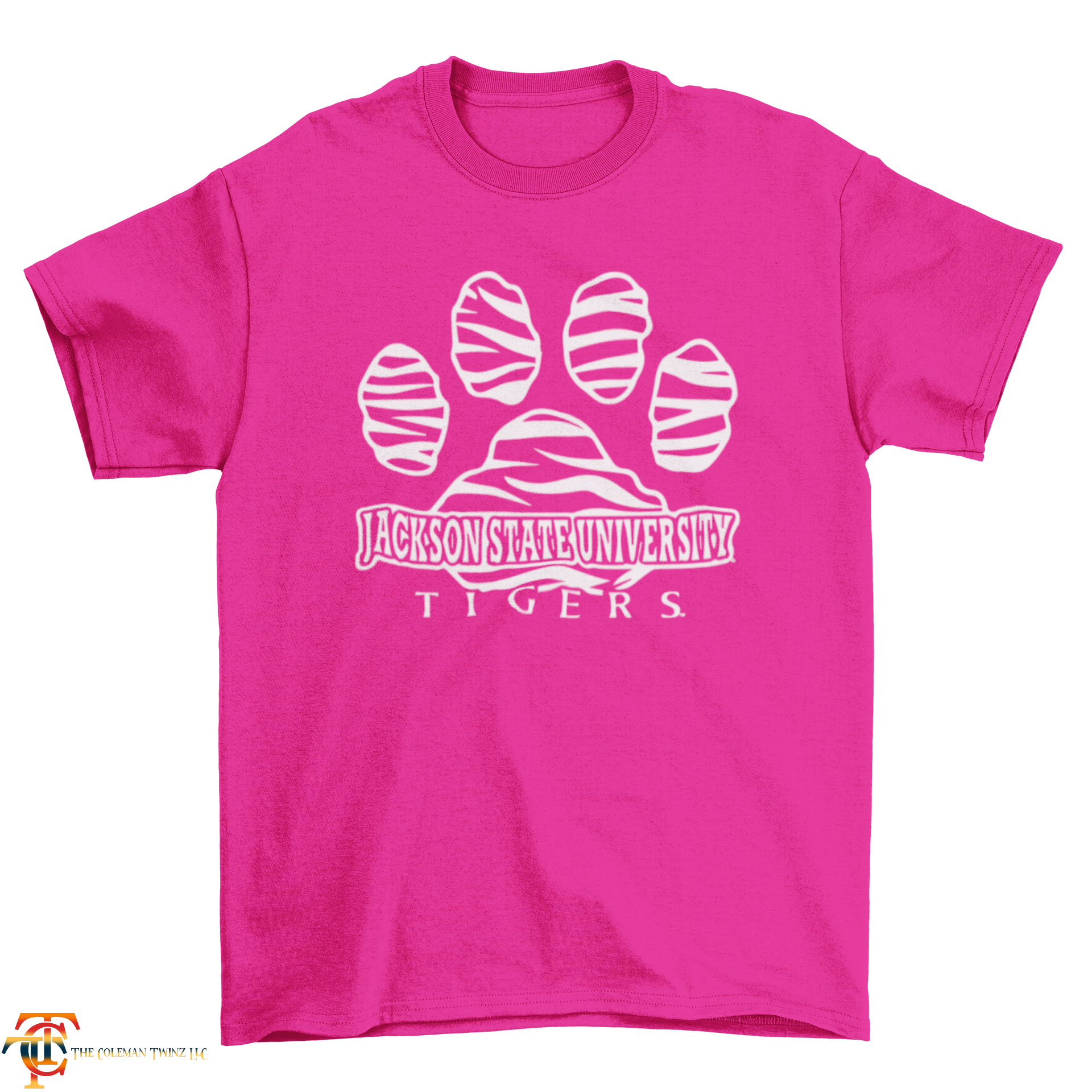 Unisex crew neck t-shirt, pink with white tiger paw graphic and Tigers text