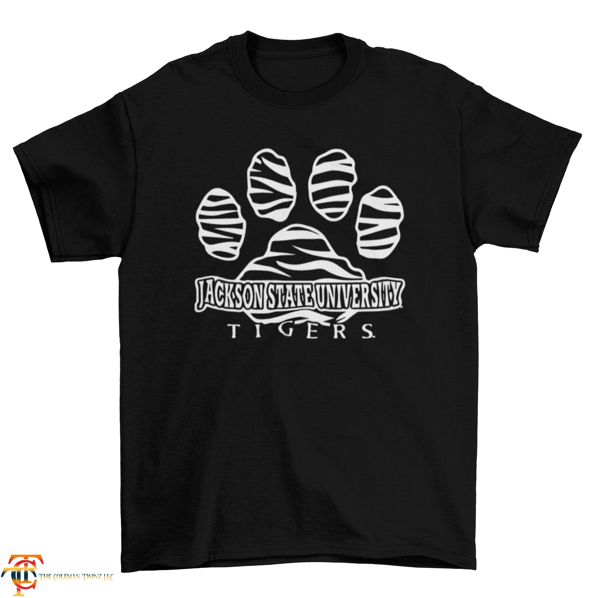 Unisex crew neck t-shirt, black with white tiger paw graphic and Tigers text