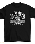 Unisex crew neck t-shirt, black with white tiger paw graphic and Tigers text