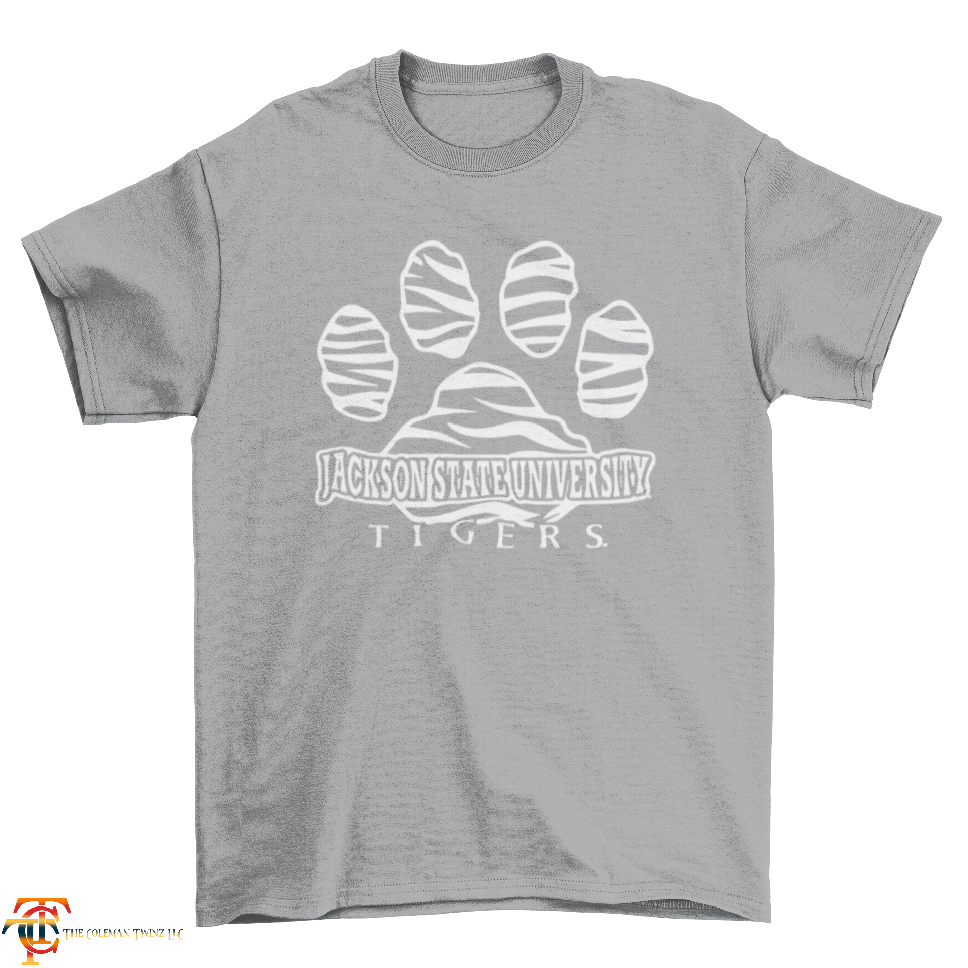 Unisex crew neck t-shirt, gray with white tiger paw graphic and Tigers text