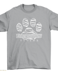 Unisex crew neck t-shirt, gray with white tiger paw graphic and Tigers text