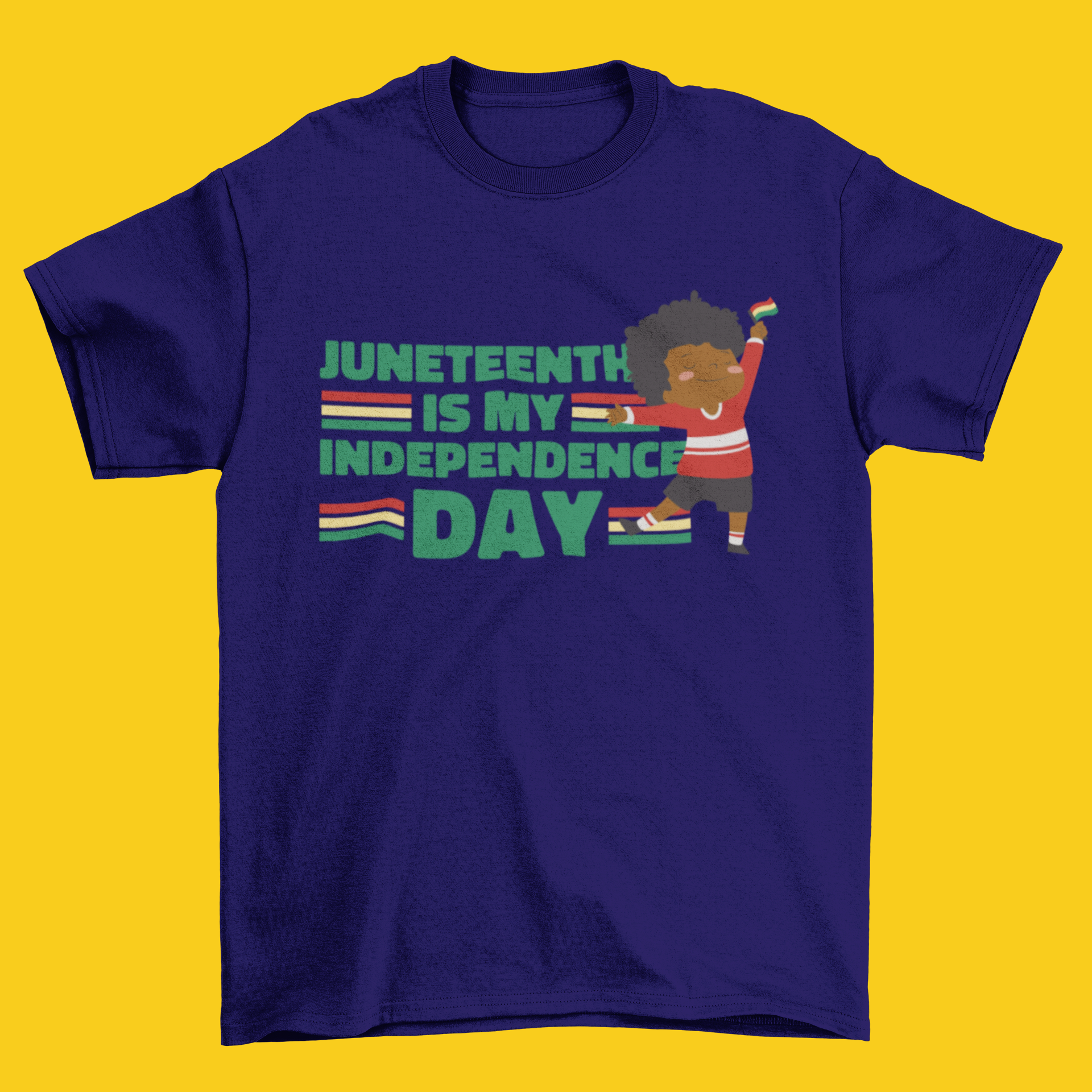 Kids' Juneteenth T-shirt in navy blue with colorful Independence Day graphic