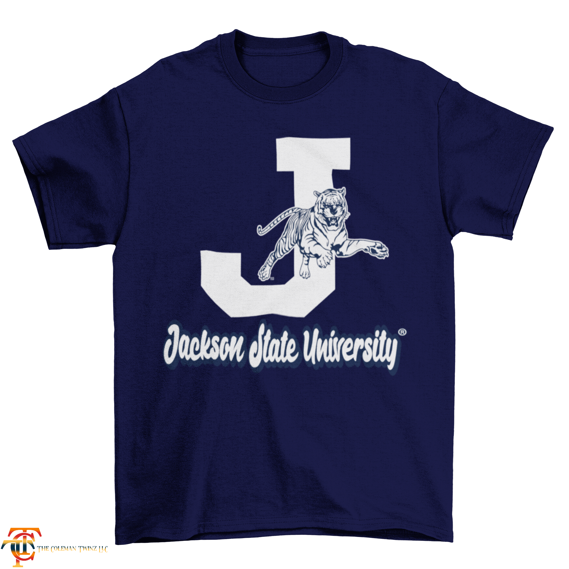 Dark blue unisex crew neck T-shirt with white J, leaping tiger, and Jackson State University text