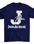 Dark blue unisex crew neck T-shirt with white J, leaping tiger, and Jackson State University text