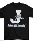 Black unisex crew neck T-shirt with white J, leaping tiger, and Jackson State University text