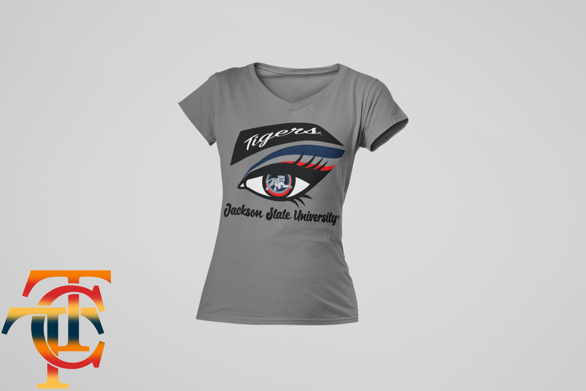 Dark gray short-sleeve T-shirt with Tigers eye logo and Jackson State University text