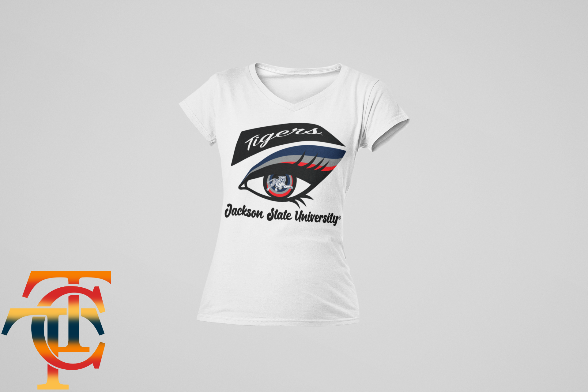 White short-sleeve T-shirt with Tigers eye logo and Jackson State University text