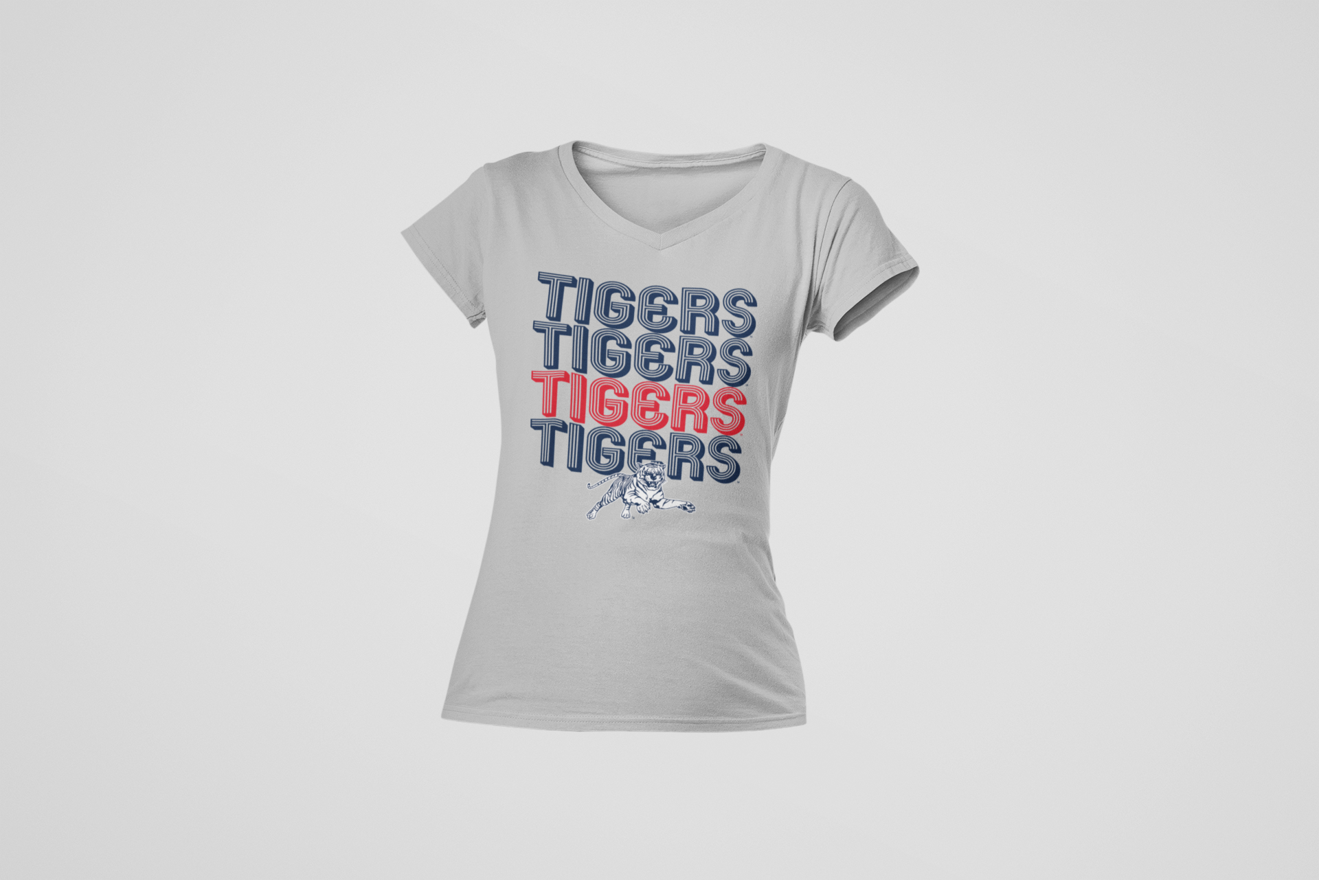 White v-neck short-sleeve t-shirt with striped Tigers lettering and tiger logo