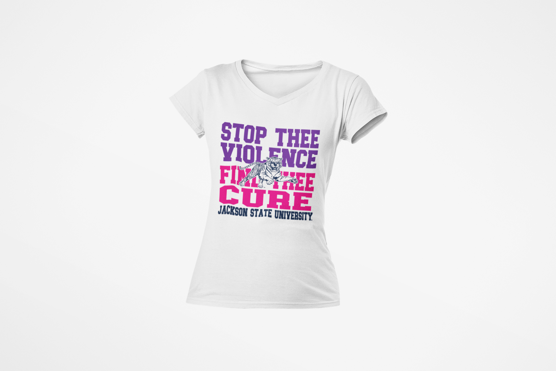 White v-neck T-shirt with purple and pink "Stop the Violence" front graphic
