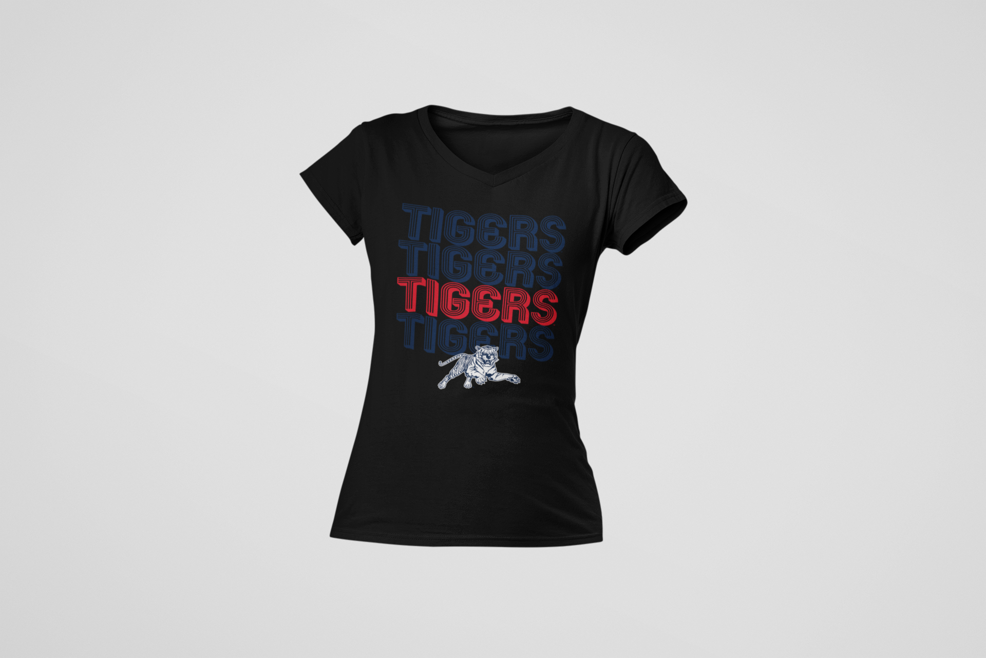 Black v-neck short-sleeve t-shirt with stacked Tigers text and tiger graphic