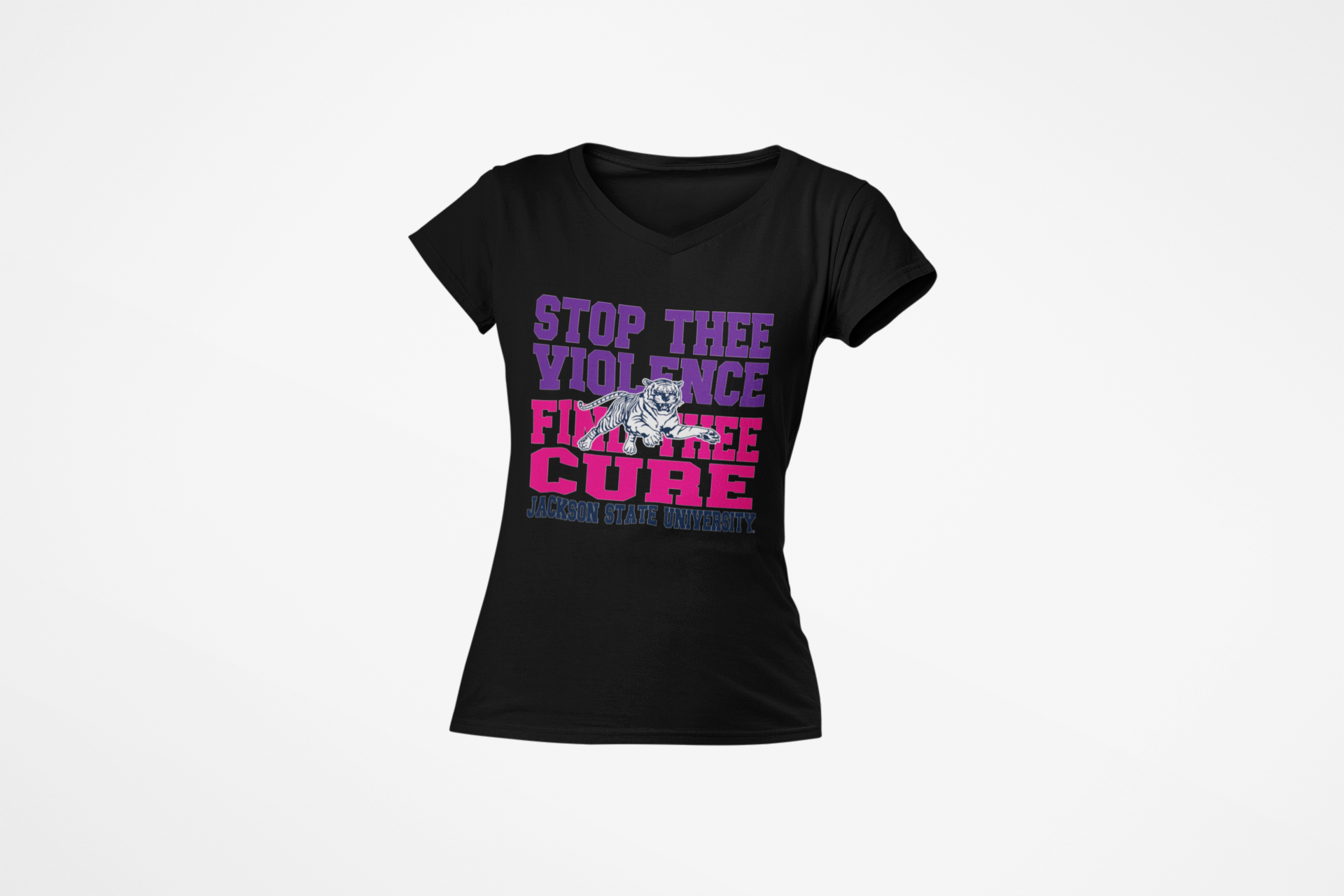Black v-neck T-shirt with purple and pink "Stop the Violence" front graphic