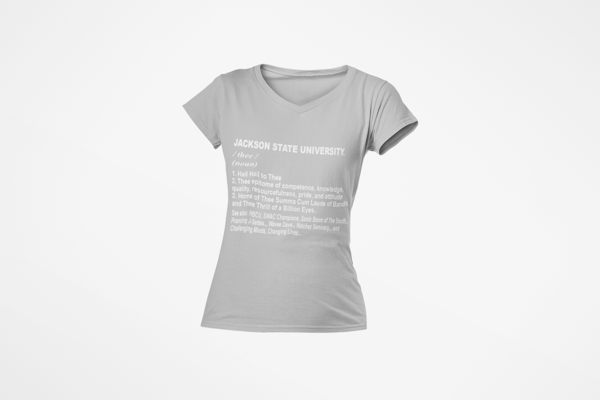 Unisex V-neck T-shirt, athletic heather gray, front text graphic