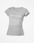 Unisex V-neck T-shirt, athletic heather gray, front text graphic