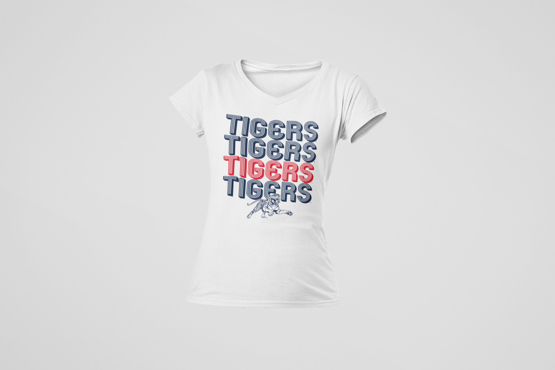 White v-neck short-sleeve t-shirt with striped Tigers lettering and tiger logo