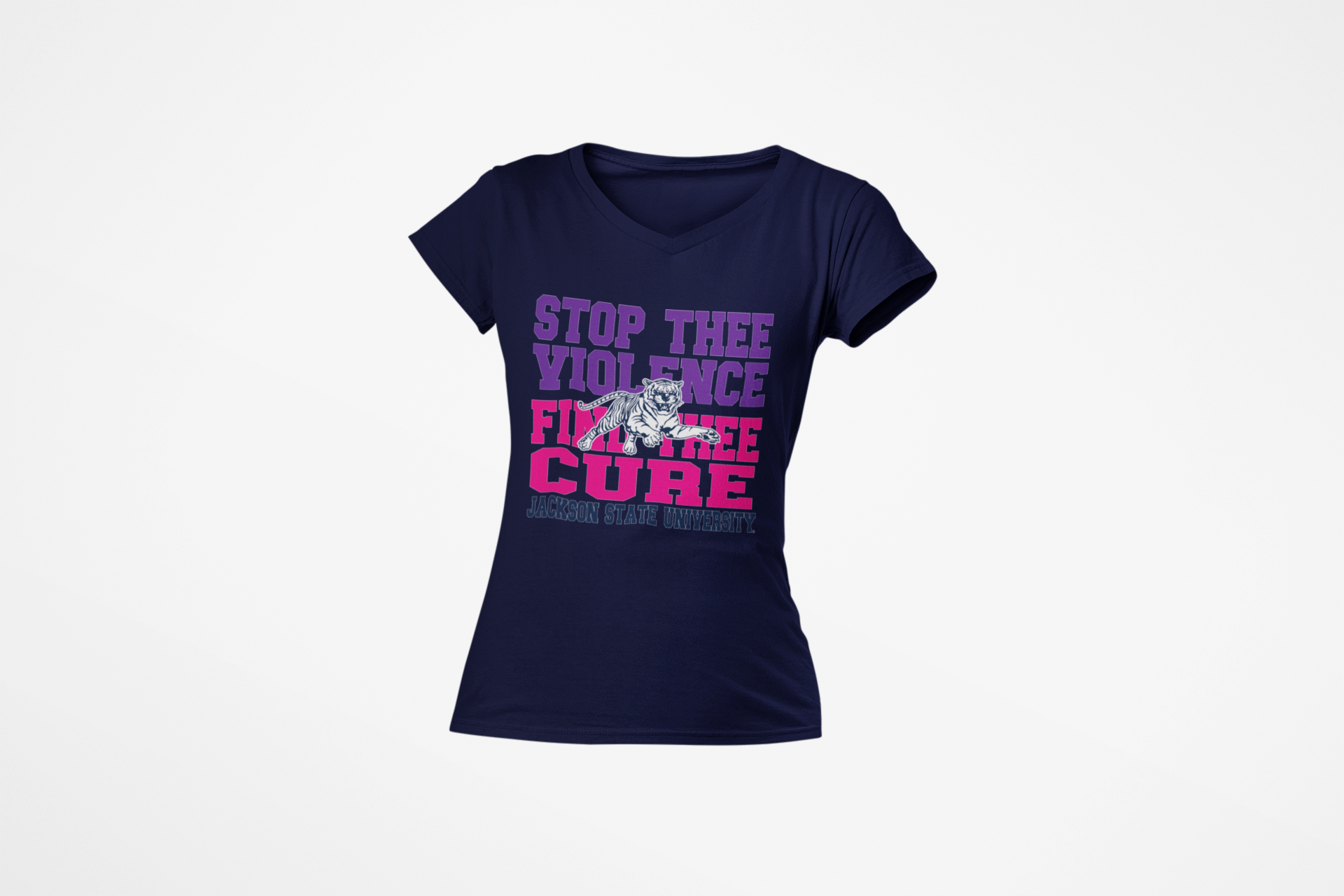 Navy v-neck T-shirt with purple and pink "Stop the Violence" front graphic
