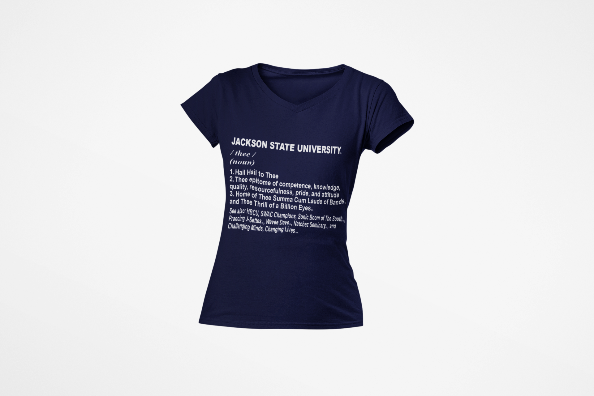 Unisex V-neck T-shirt, navy blue, front text graphic
