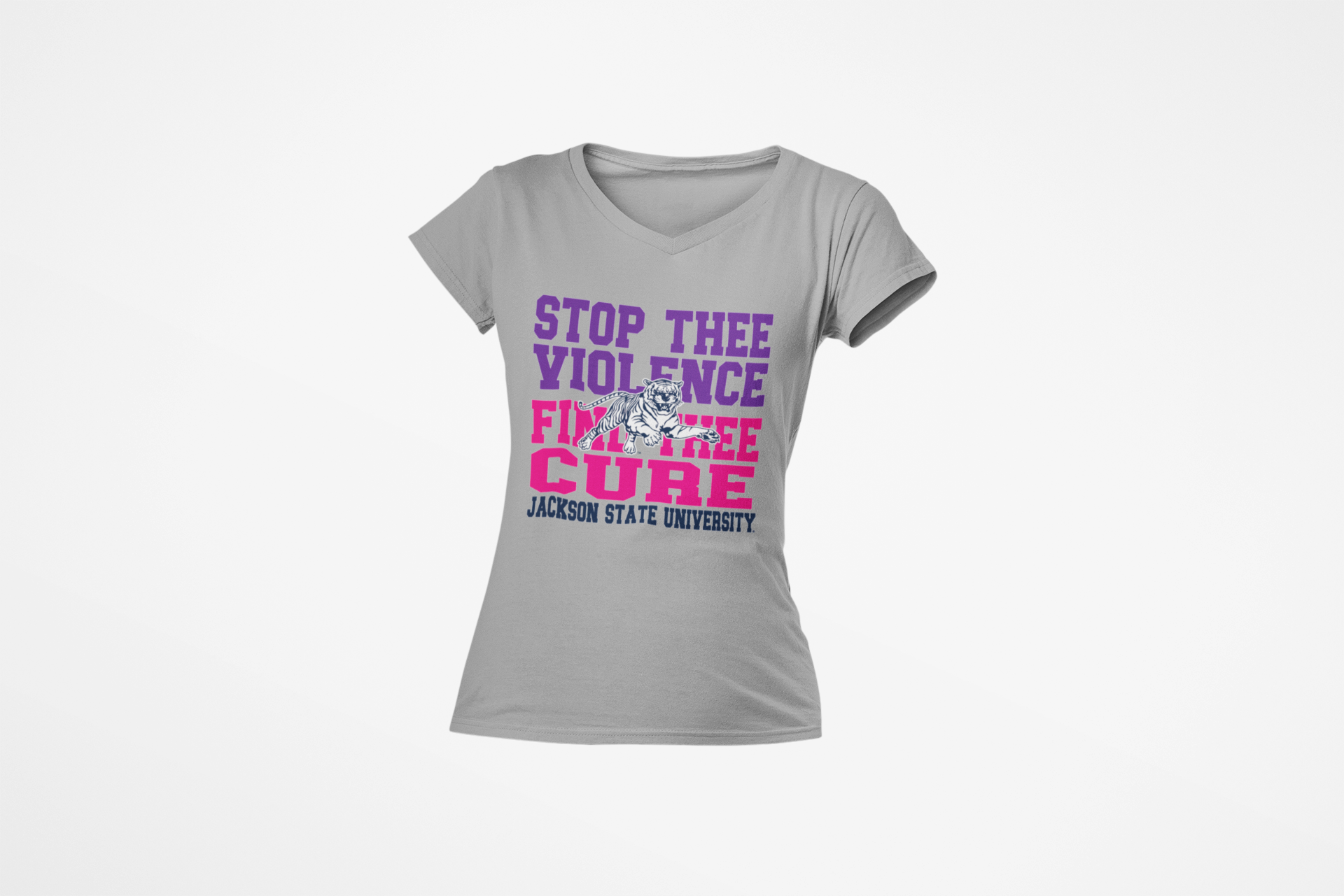 Athletic heather gray v-neck T-shirt with purple and pink "Stop the Violence" front graphic