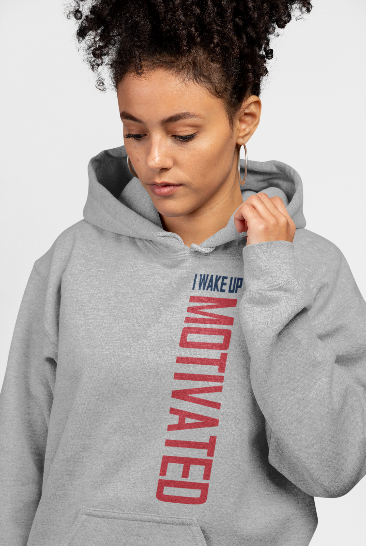 Light gray pullover hoodie with hood and kangaroo pocket, large vertical logo print