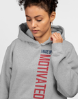 Light gray pullover hoodie with hood and kangaroo pocket, large vertical logo print