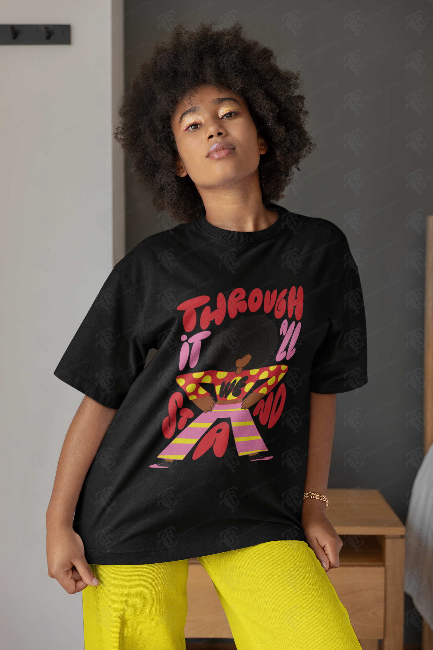 Unisex short-sleeve T-shirt, black, front graphic with arms and hands artwork