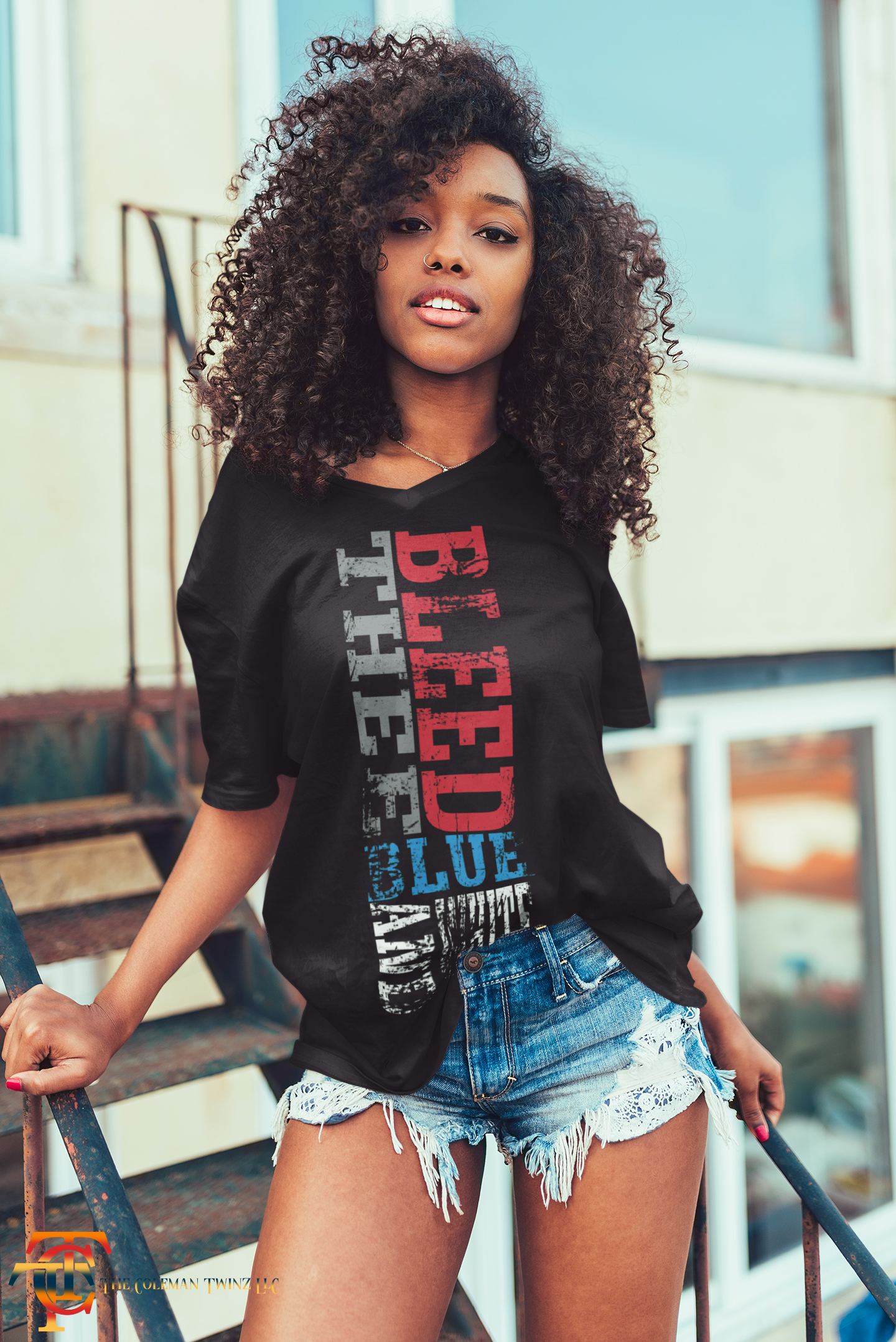 Unisex crew neck T-shirt, black with vertical Tigers graphic in red white and blue