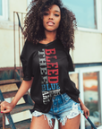 Unisex crew neck T-shirt, black with vertical Tigers graphic in red white and blue