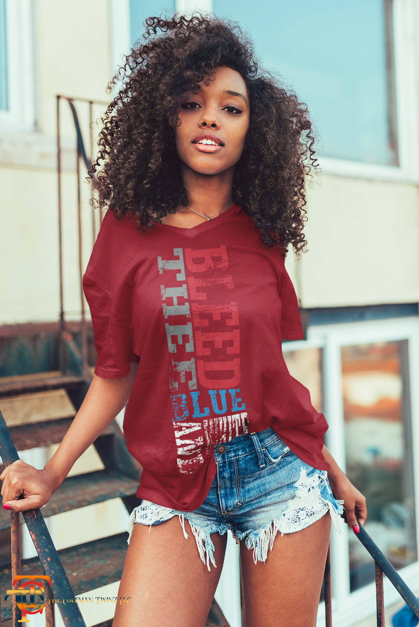 Unisex crew neck T-shirt, red with vertical Tigers graphic in red white and blue
