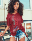 Unisex crew neck T-shirt, red with vertical Tigers graphic in red white and blue