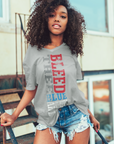 Jackson State Tigers graphic crew-neck T-shirt, heather gray with red blue and gray print