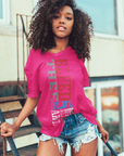 Jackson State Tigers graphic crew-neck T-shirt, hot pink with red blue and gray print