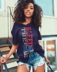 Unisex crew neck T-shirt, dark blue with vertical Tigers graphic in red white and blue