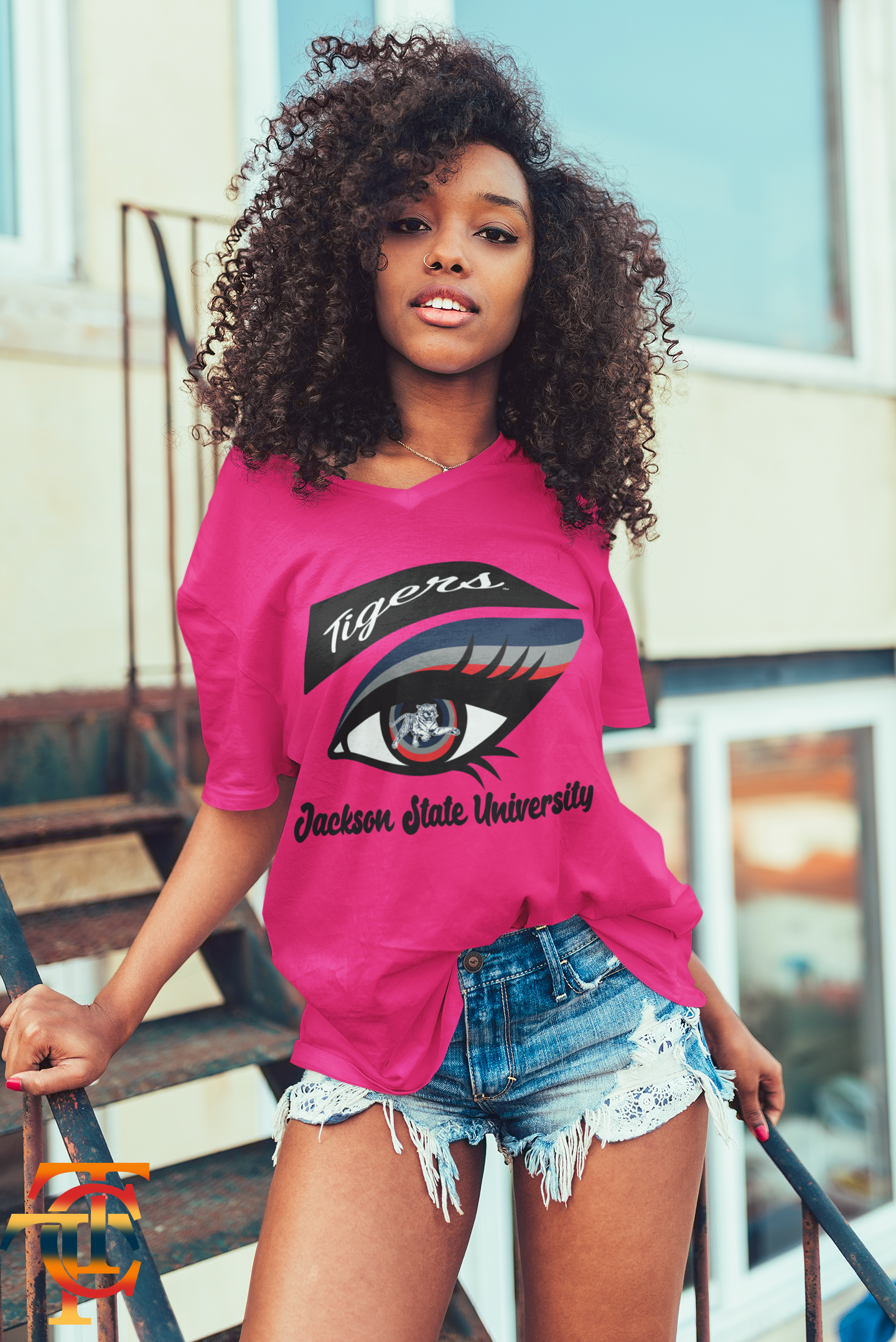 Pink unisex crew neck T-shirt with Tigers eye graphic and “Jackson State University” text