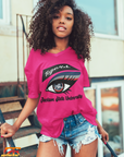 Pink unisex crew neck T-shirt with Tigers eye graphic and “Jackson State University” text