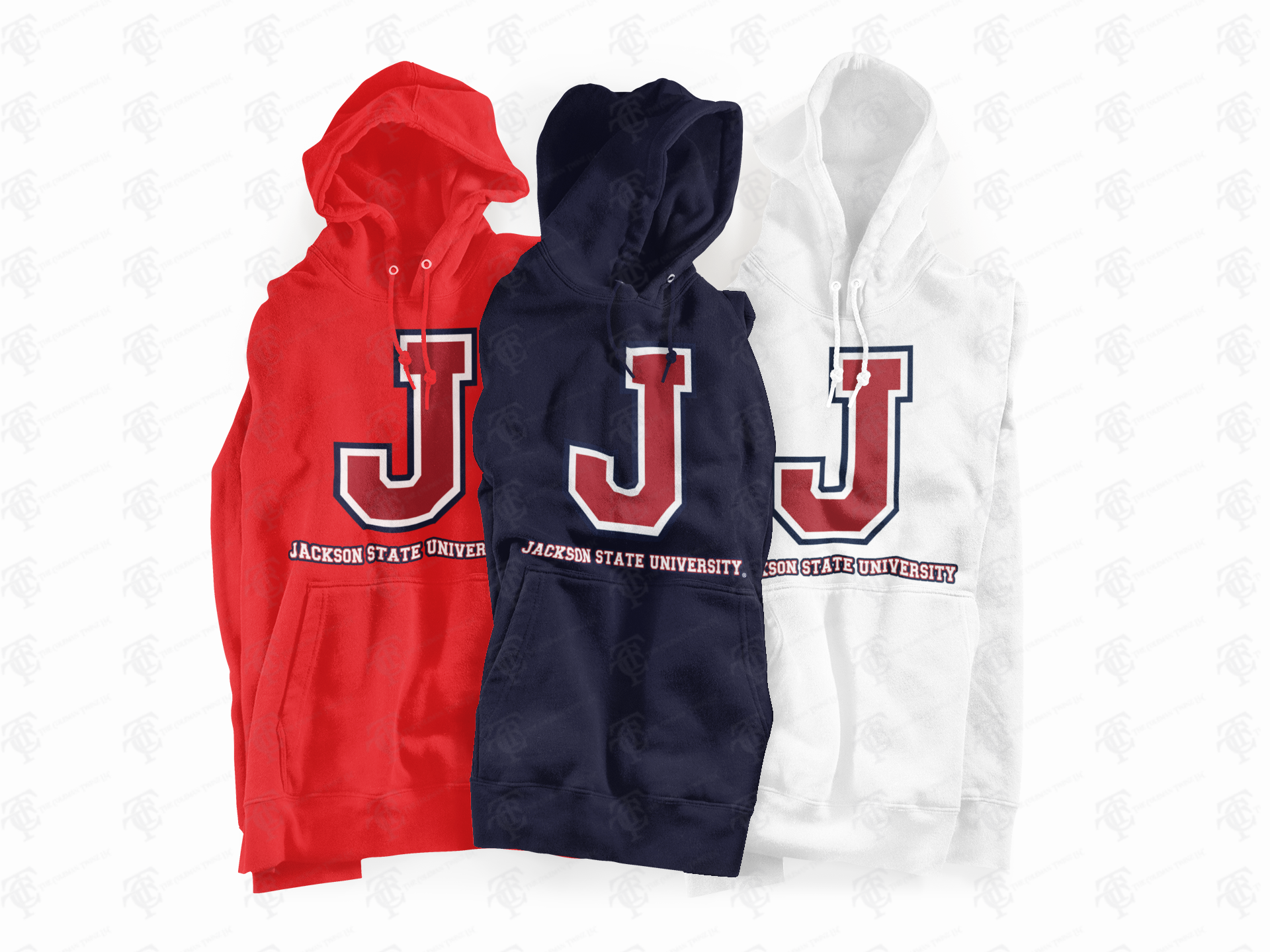 Set of hoodies: red, navy, and white pullover styles with J logos and text.