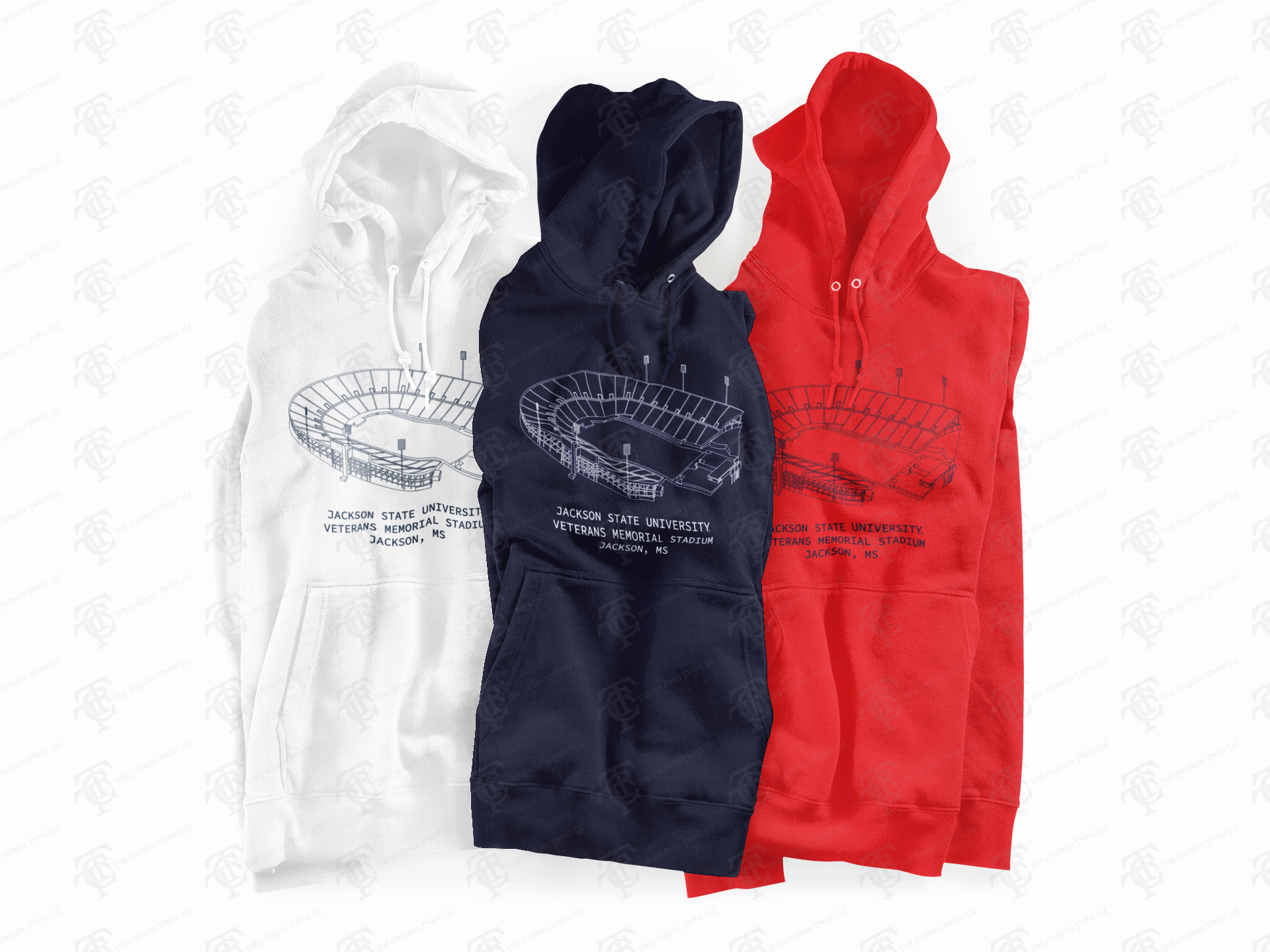 Three-color pullover hoodie set: white, navy, red; stadium graphic and pouch pockets