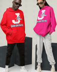 Two pull-over hoodies: red and pink, each with white J and leaping tiger graphic