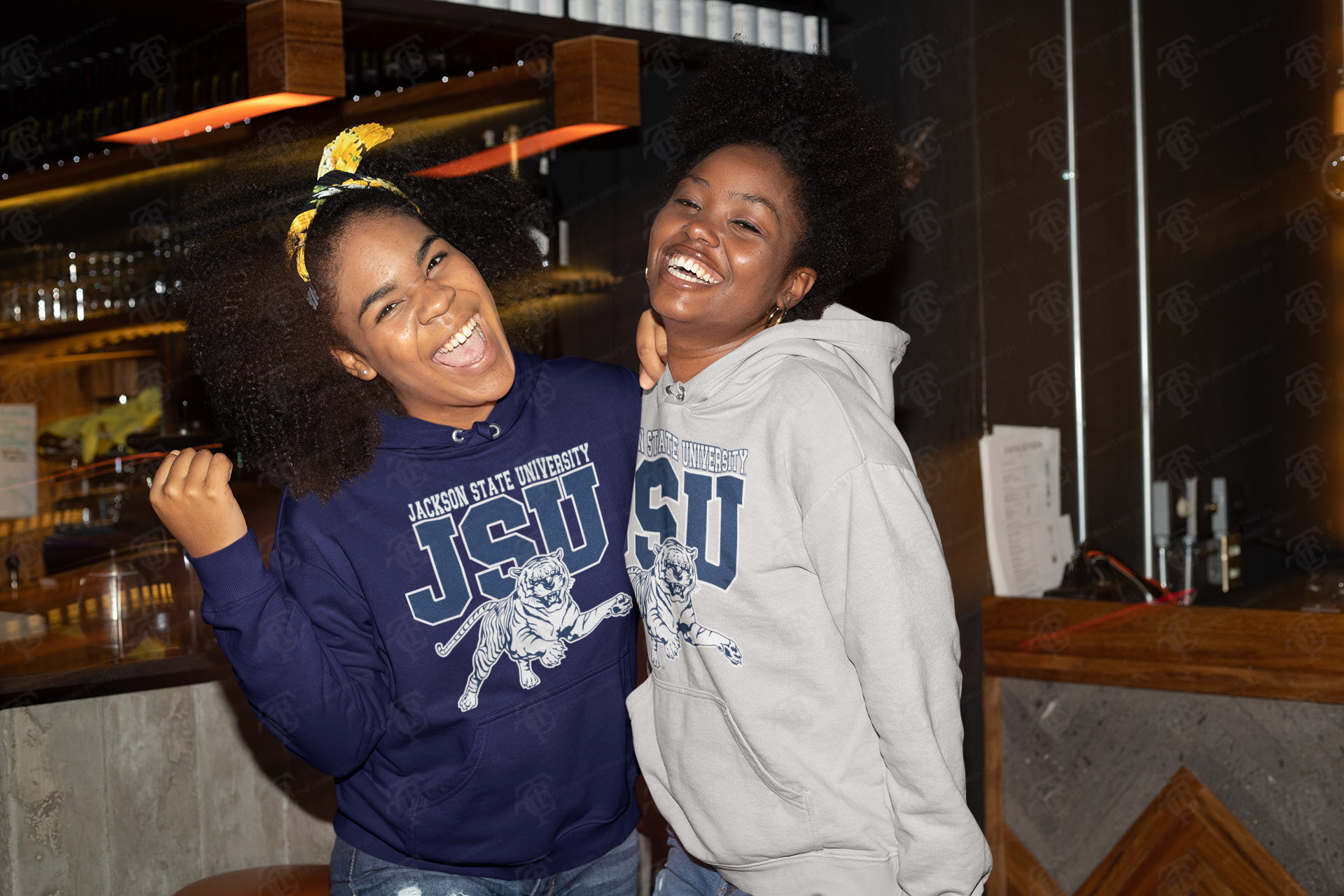 Navy pullover hoodie with twin JSU logo and tiger graphic, front kangaroo pocket