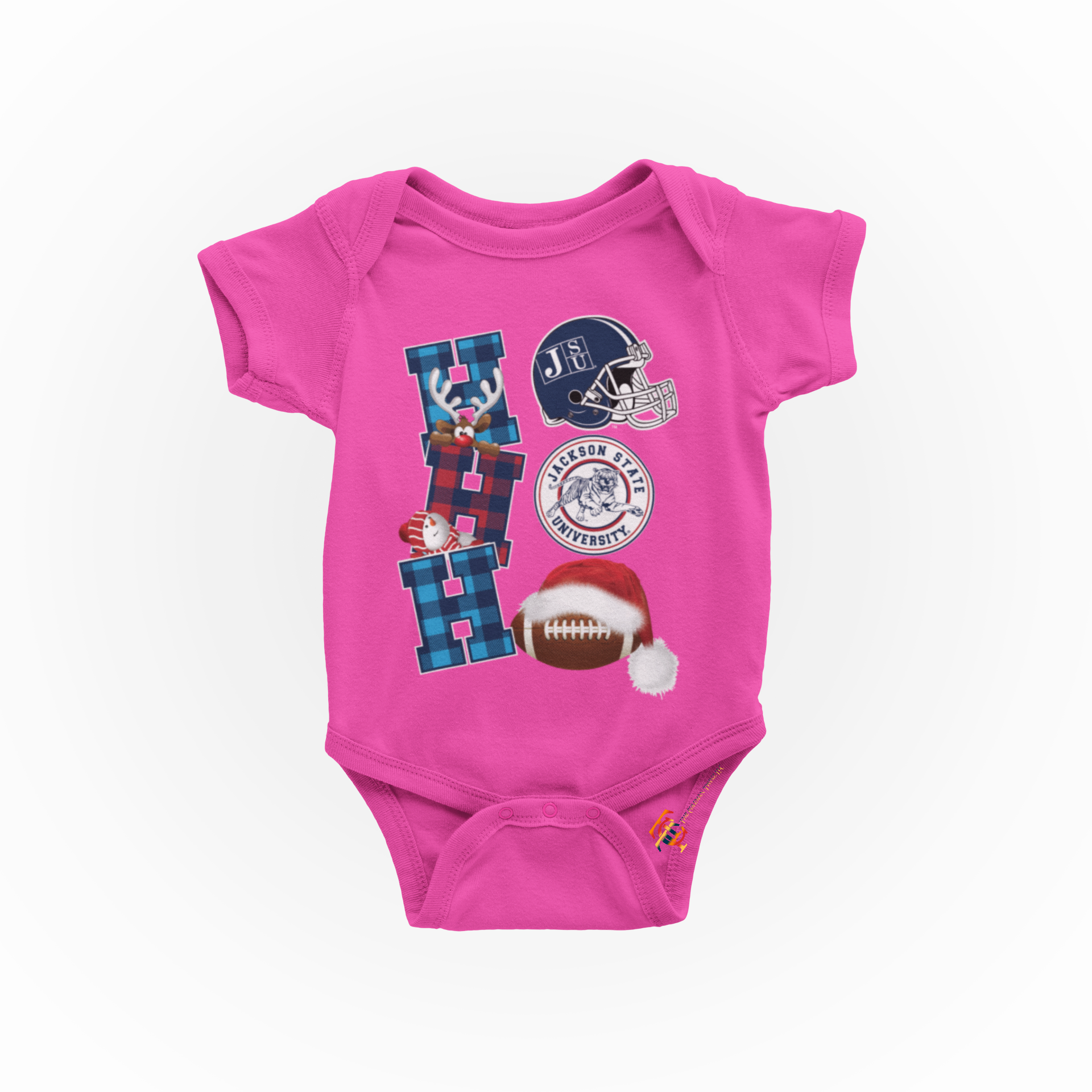 Infant short sleeve bodysuit in pink with Christmas football and Santa hat graphics