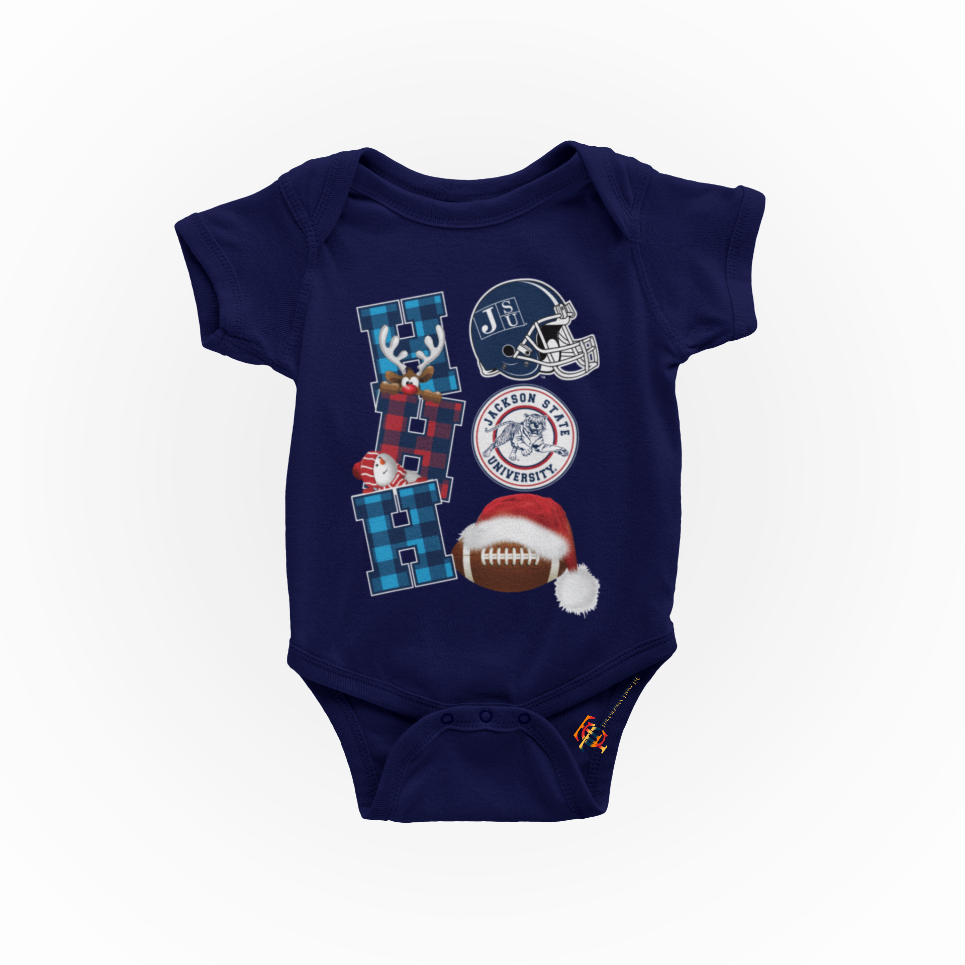 Infant short sleeve bodysuit in navy with Christmas football and Santa hat graphics