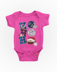 Infant short sleeve bodysuit in pink with Christmas football and Santa hat graphics