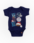 Infant short sleeve bodysuit in navy with Christmas football and Santa hat graphics