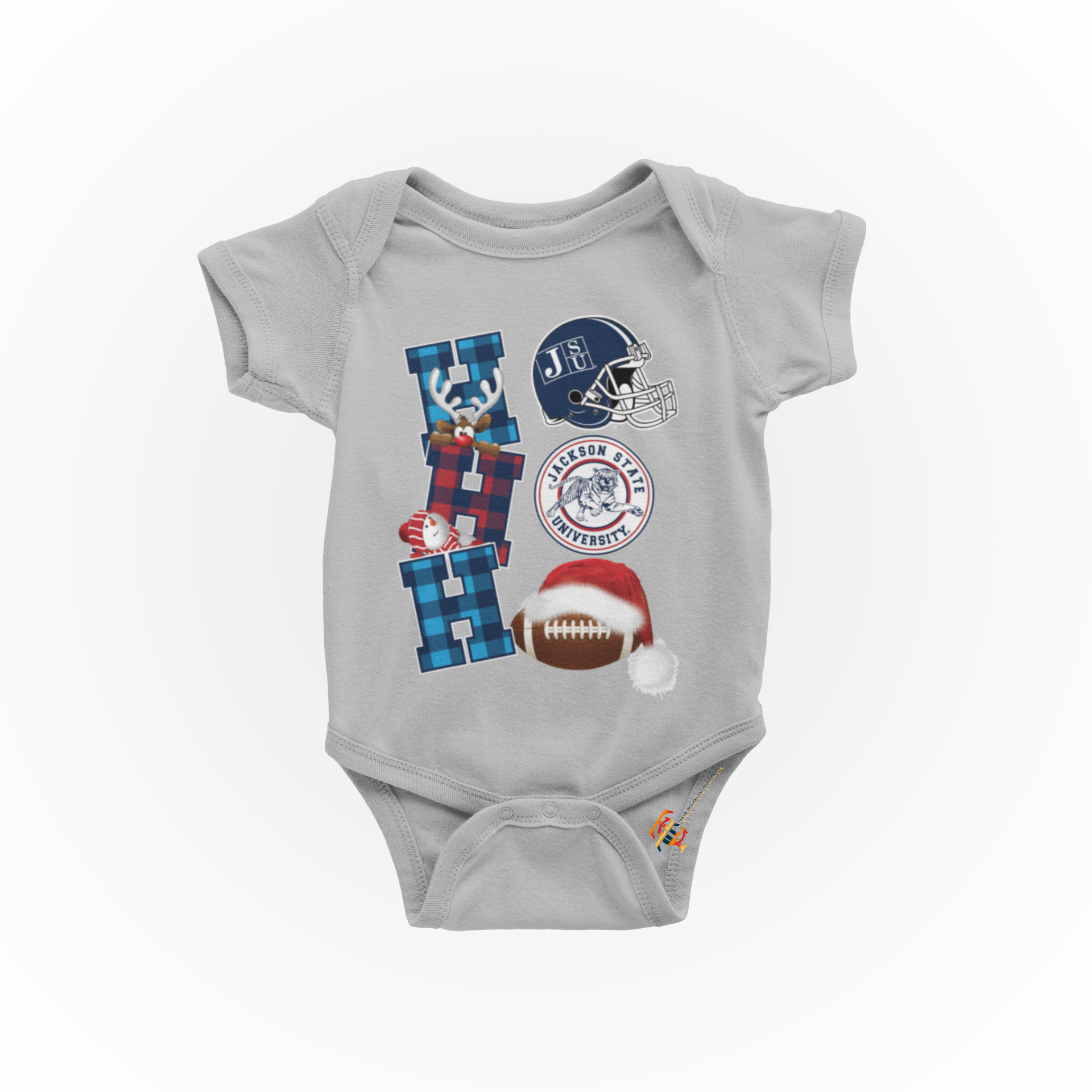 Infant short sleeve bodysuit in gray with Christmas football and Santa hat graphics