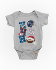 Infant short sleeve bodysuit in gray with Christmas football and Santa hat graphics